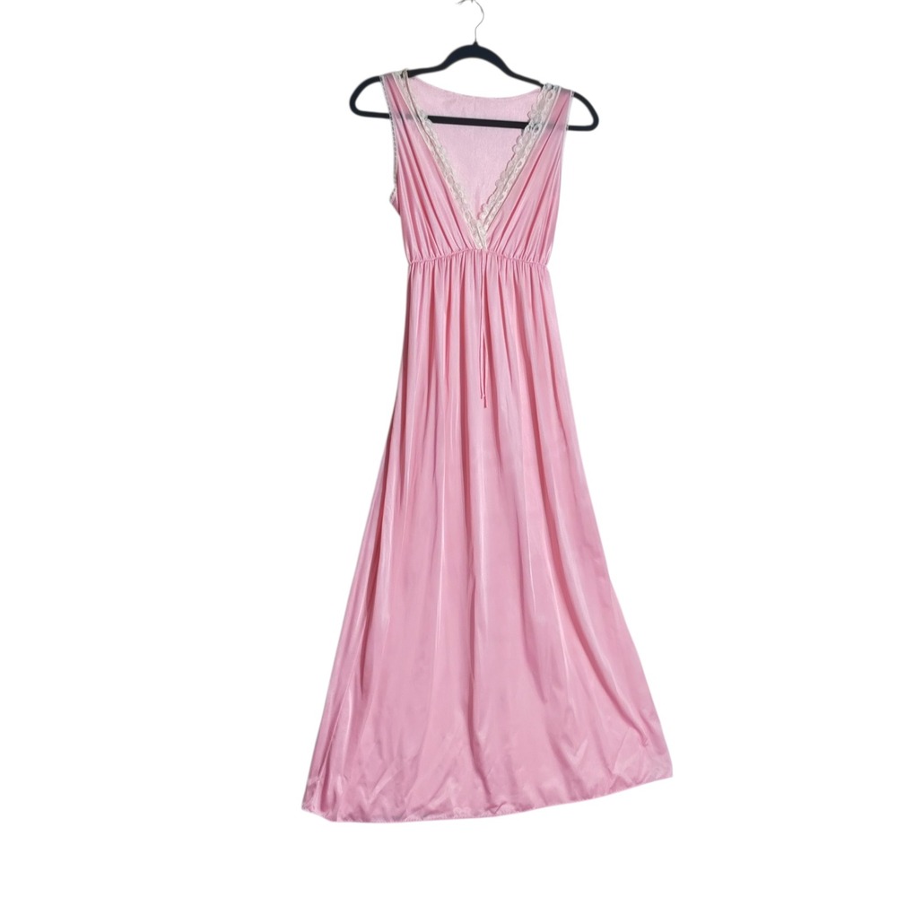 Vintage Union Made Pink Nylon Lace Trim Nightgown Sleeveless Maxi Dress Small